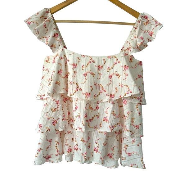 Carolina Constas Flutter Sleeve Tiered Ruffle Floral Swiss Dot Blouse Top - L - Picture 1 of 11